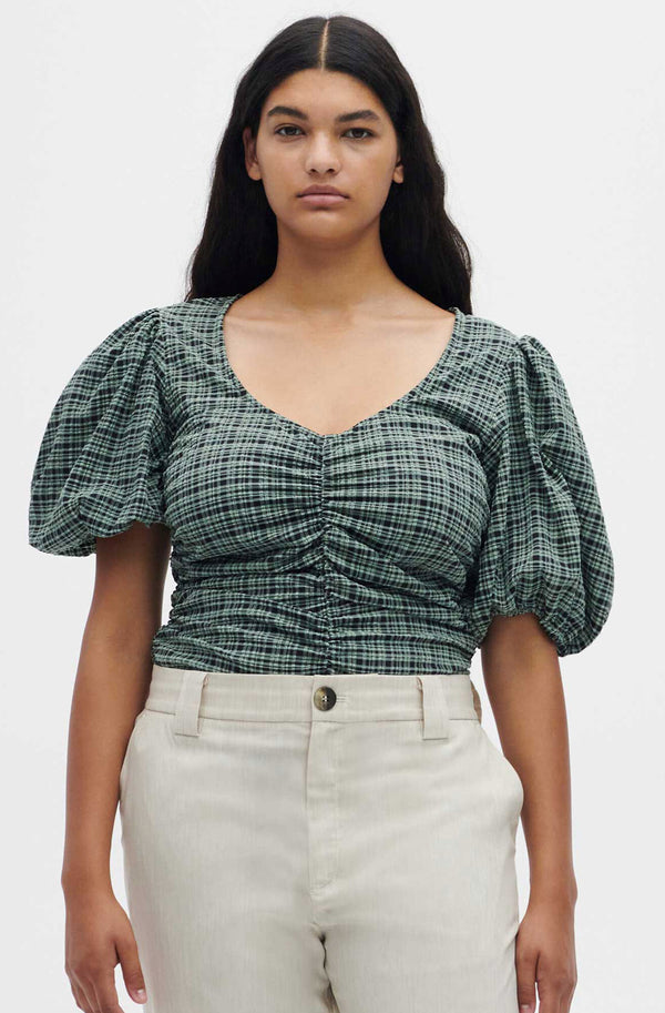 Seersucker Gathered Blouse