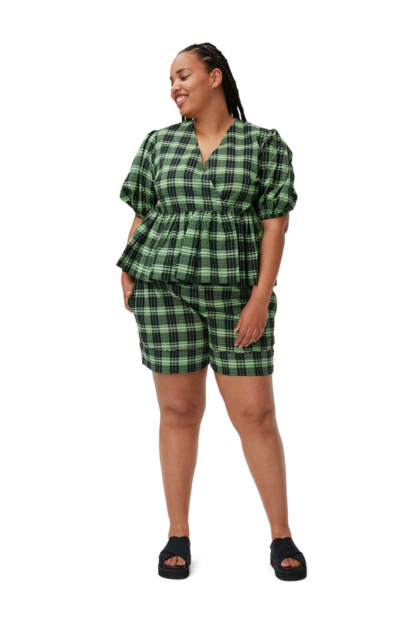 Seersucker Check Wrap Blouse