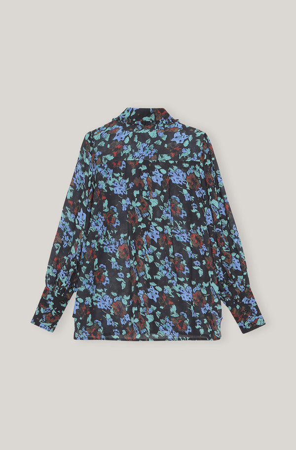 Printed Light Crepe Long Collar Puff Sleeve Shirt