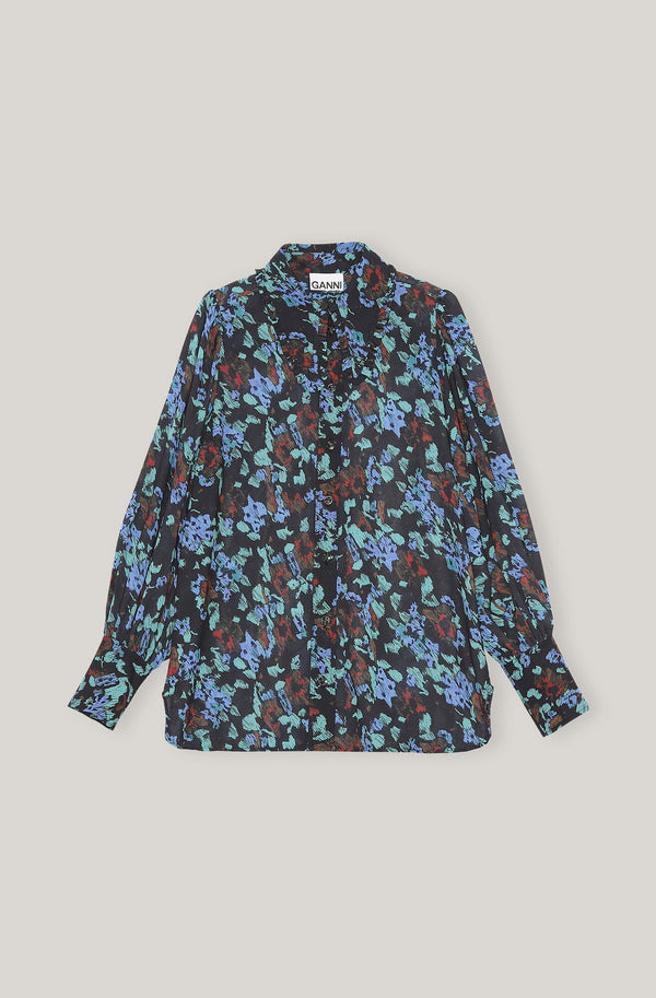 Printed Light Crepe Long Collar Puff Sleeve Shirt