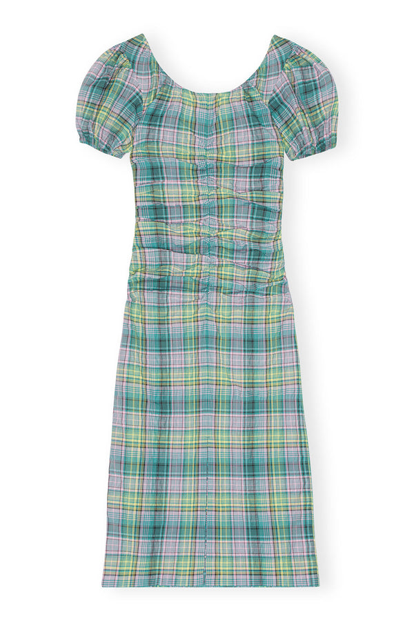 Seersucker Check Gathered U-neck Midi Dress