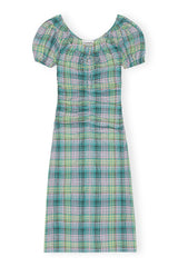 Seersucker Check Gathered U-neck Midi Dress