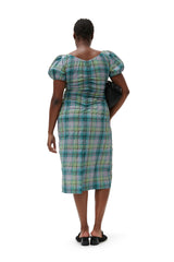 Seersucker Check Gathered U-neck Midi Dress